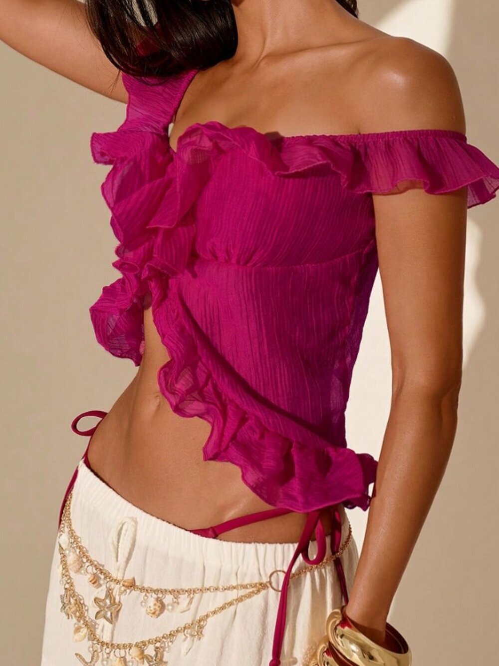 Hot Pink Casual Women's Off-The-Shoulder Ruched Sleeveless Top - Picture 1 of 7